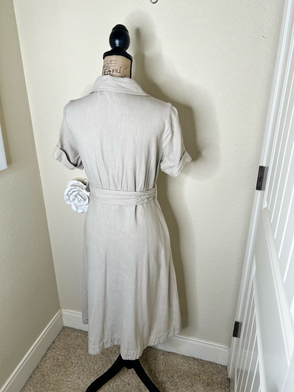 NTM Tahari Linen Blend Shirt Dress Belted Button Front Taupe XS Midi Pockets - Picture 15 of 16